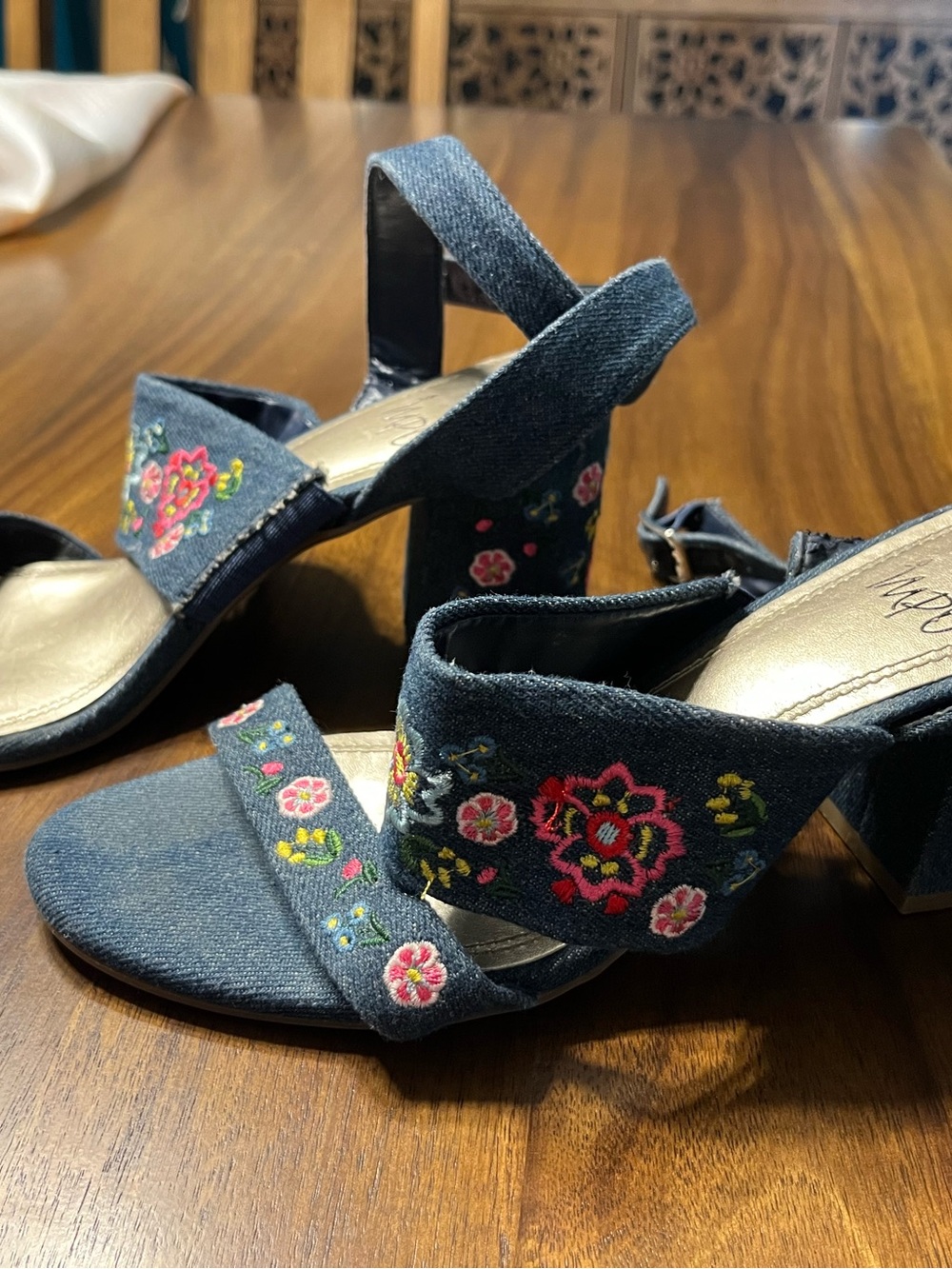 Impo Denim Embroidered Block Heel Sandals - Dark Blue with Pink & Yellow Floral